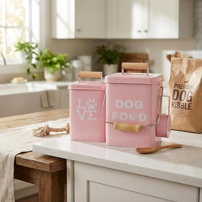 Dog Food Storage Container Set of 2 Dog Treat Container with Airtight Lids Dog Treat Jar with Scoop Metal Dog Food Holder with Wooden Handles for Kitchen Counter and Pantry Home Decor - Pink