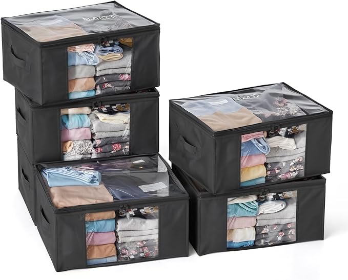 Clothes Storage Bags, Foldable Thick Fabric Blanket Storage Bags, Large Clear Window & Carry Handles, Great for Clothes, Blankets, Closets, Pillows (Black, 6PACK)