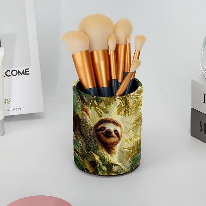 Faux Leather Pen Holder for Desk, Pencil Organizer Cute Sloth Pen Cup Desk Decor Makeup Brush Holder Storage for Office Home