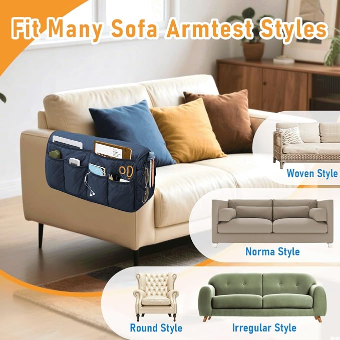 Armchair Caddy, Remote Control Holder for Recliners, Sofa Armrest Organizer, Non Slip Recliner Organizer, Couch Caddy with 14 Pockets Storage for TV Remote, Phone, Magazine (Blue)