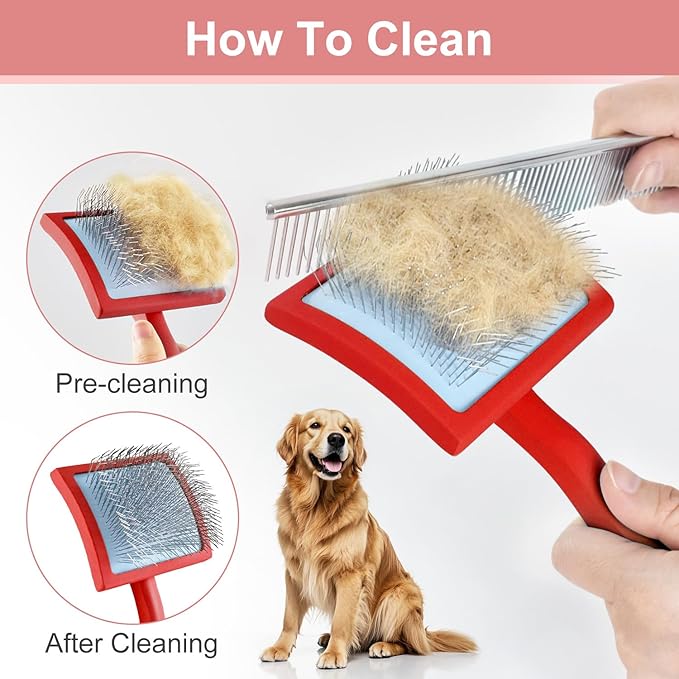Slicker Brush for Dogs, Slicker Brush for Doodles Long Haired Dog, Goldendoodle Long Pin Detangler for Dematting, Dog Slicker Brushes for Grooming (Large Curved)(Red)