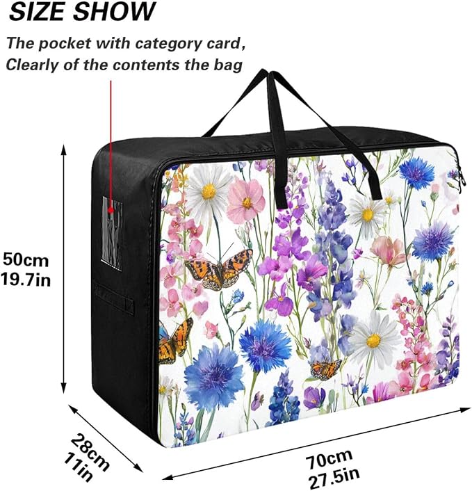 Comforter Storage Bags Large Folding Blanket Organizer Bag with Strong Handles Clear Window Closet Storage Containers for Clothes King Queen Pillows Bedding Quilt Duvet Pink Bluebonnets Daisy