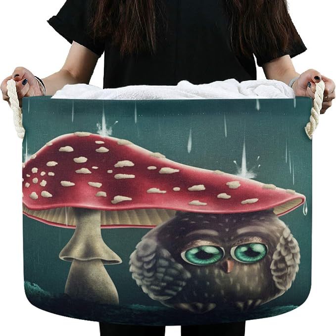 visesunny Storage Basket Little Owl Sitting Under Mushroom Animal Nursery Hamper Canvas Fabric Toy Storage Organizer Bin Storage Box Laundry Basket for Kid Rooms,Playroom,Shelves,Toy Basket