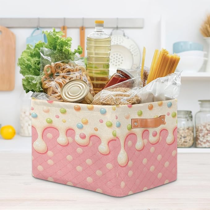 Pardick Waffle Basket Storage Bins Rectangle Canvas Basket Cube Storage Box | Nursery Foldable Basket with Handle for Kids Girls Boys Toys Living Room Closet Organizer Shelf Gifts Candy Pink
