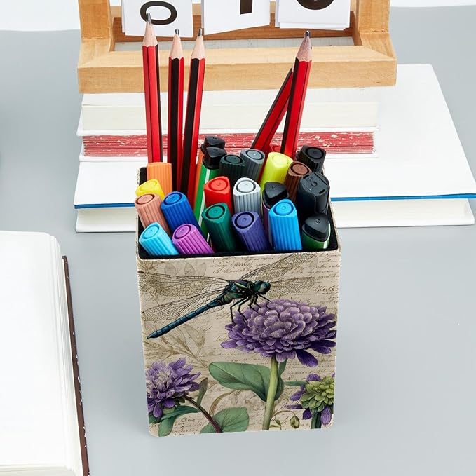 Dragonfly Retro Pen Holder for Desk Decor, Rectangular PVC Leather Pencil Cup for Desk Pen Organizer, Makeup Brush Holder for School, Home, Office