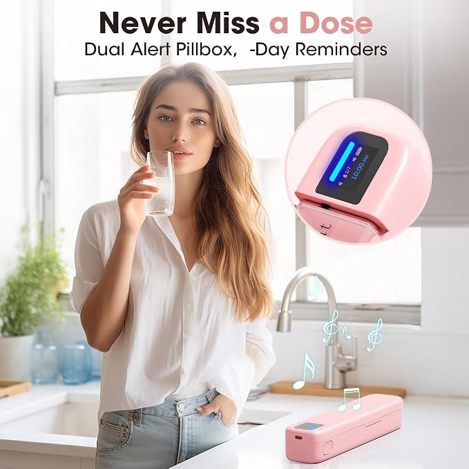 Daviky Automatic Pill Dispenser, Smart Pill Organizer with Alarm | Pill Box 7 Day with APP, Weekly Travel Pill Case, Portable Pill Reminder for Medicines, Supplements and Vitamins (Pink)