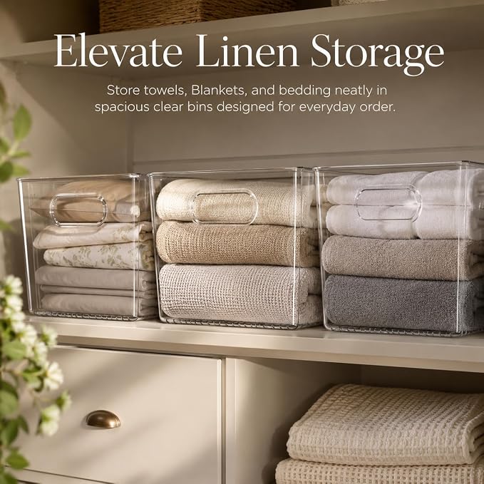 MOONEDGE 6 Pack X-Large Clear Organizer Bins 13x10x8in Storage Containers | Clear Containers for Organizing, Fridge Organizers and Storage, Freezer, Refrigerator, Office Supplies, Craft Room, Laundry