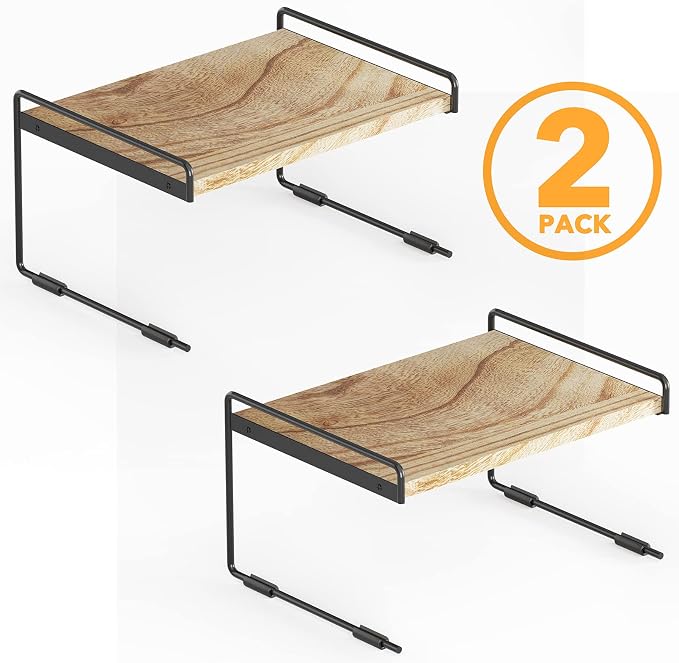 SpaceAid Cabinet Shelf Organizers 2 Pack, Kitchen Counter Organizer Rack Under Shelves Riser, Pantry Cupboard Storage Organization, Metal and Wood, Black and Natural, 13" Wide