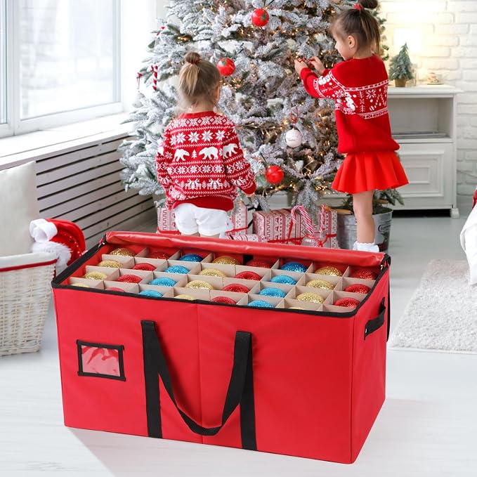 Lambada Christmas Ornament Storage Box, Durable Christmas Storage Container with Adjustable Dividers, Xmas Decorations Organizer â Fits 128 Holiday Ornaments 3 inch â Tear-Proof Fabric (Red)