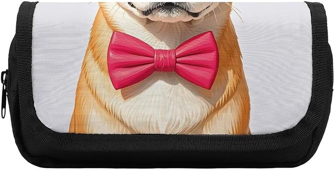 Pencil Bag Pet Dog Soft Bow Tie, Oversized Glasses Pencil Pouch Large Capacity Pen Box Double Zipper Storage Bag 2 Compartments Portable Multifunctional Bag Desk Organizer Pen Case