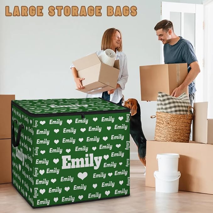 Personalized Extra Large Storage Bins with Lid, Customized Name Dark Green with Love Heart Jumbo Storage Basket Rectangle Clothes Organizer for Organizing Kids and Pets Toys Shelf Closet
