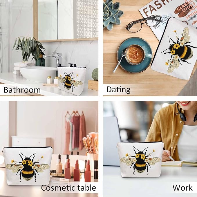 Women Makeup Organizer Bag Bumblebee Bumblebee Honey Bee Sunflowers Yellow Flax Cosmetic Bag Makeup Bags Toiletry Bag Accessories Organizer Travel Bags For Home Bathroom Office Hotel Gym