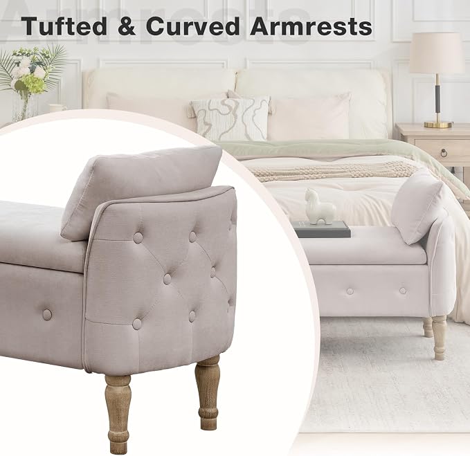 67"End of Bed Storage Bench King Size,Upholstered Bedroom Bench,Khaki | Linen Storage Bench for Bedroom End of Bed ,2 Cushion, Vintage Wood Legs ,Tufted,Storage Ottoman Bench for Entryway Window