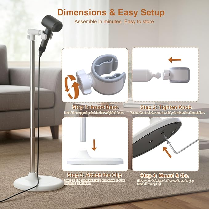 Mistriddle Hands Free Hair Dryer Holder Floor Stand, 17.2-51" Adjustable | For Home, Salon & Pet Grooming, Universal TPU Clip, Stable Aluminum Base with Organizer Hook (White)