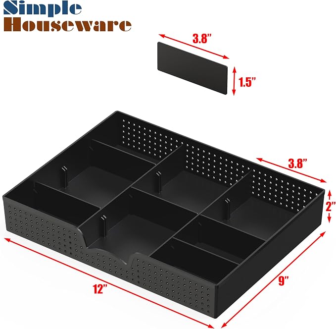 Simple Houseware Drawer Organizer Tray, 9 Adjustable Compartments, Black | For Office, Makeup, and Craft Drawer or Desktop Storage