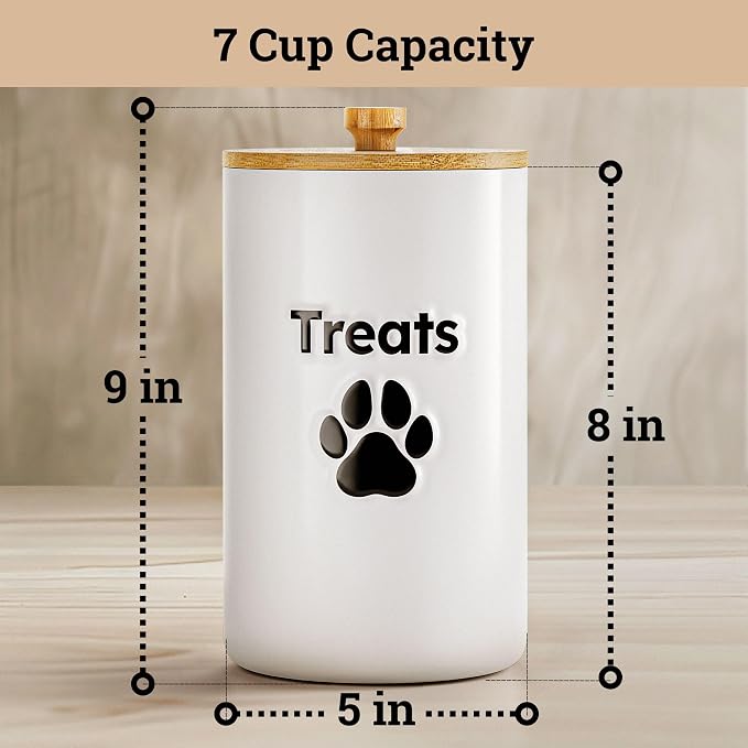 Ceramic Dog Treat Container Airtight with Bamboo Lid, 5"W x 9"H, 7 Cups | Sturdy Durable Ceramic, Airtight Rubber-Lined Bamboo Lid, Food Safe, Fits Most Popular Treats, 7 Cup Capacity, Easy to Wash