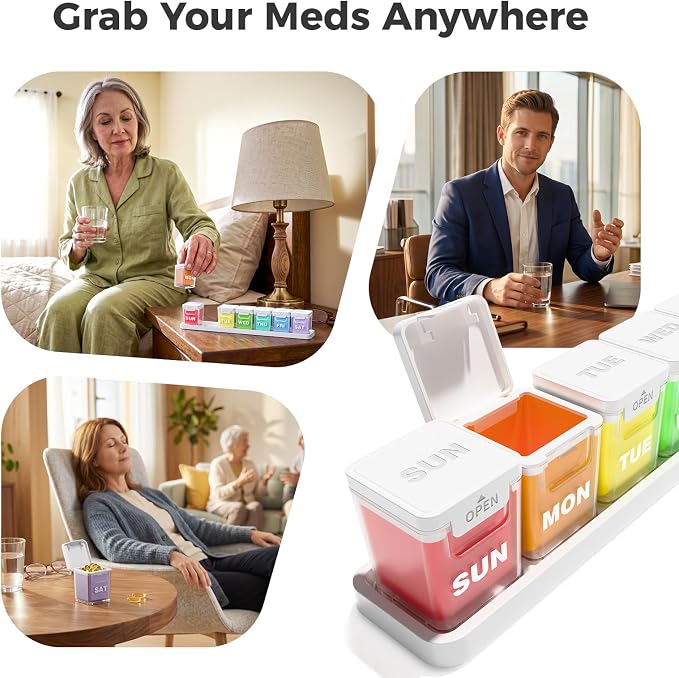 ODARO Extra Large Weekly Pill Organizer Once A Day - Color | Large Capacity, Big Font, Wide Opening Easy to Use, Detachable Portable, Spill Proof, BPA Free