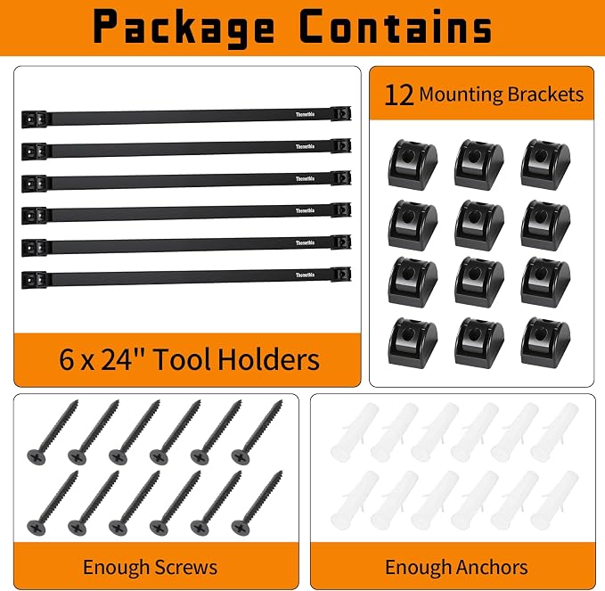 24" Magnetic Tool Holder Strip, 6 Pieces Black Metal Tool Organizer Rack with Stainless Steel Surface, Magnet Bar for Garage Workshop, Easy To Install with Mounting Screws