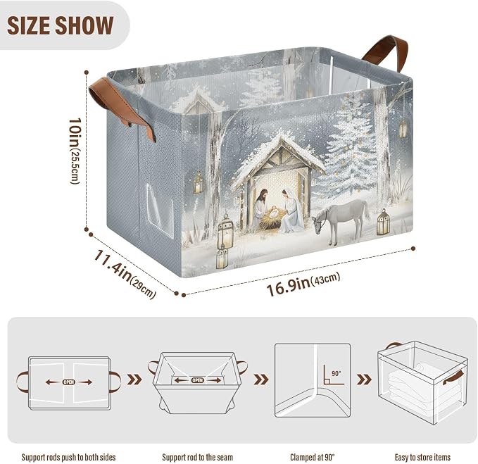 Holy Night Nativity Scene Christmas Storage Bins for Shelves with Labels&Handles Fabric Organizer Bin Foldable Rectangle Storage Basket Boxes for Closet, Bathroom, Home, Living Room
