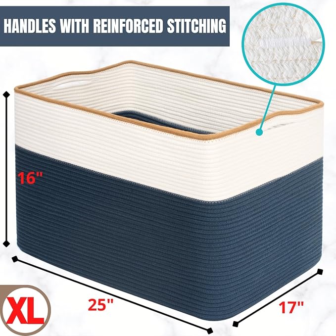 112L Extra Large Blanket Basket Holder Living Room, 25"x17"x16" Rectangle Rope Woven Storage Basket with Handles for Laundry, Towels, Shoes, Dog Toy Organizer Bin Box, Prussian Blue