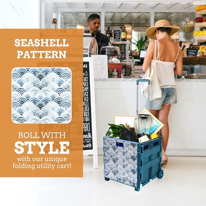 Inspired Living Ultra-Slim Rolling Collapsible Storage Pack-N-Roll Utility-carts, with Telescopic Handle, for Home, Garden, Shopping, Office, School use, Large, Blue, Wave Print