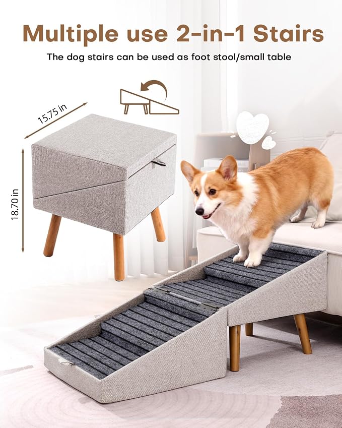 Split Ottoman Dog Ramp for Couch and Bed,17.13" H Dog Stairs for Small Dogs and Cats, Foldable 2 in 1 Pet Steps for Medium Large Dogs and Puppy, Non-Slip Wooden Doggie Steps