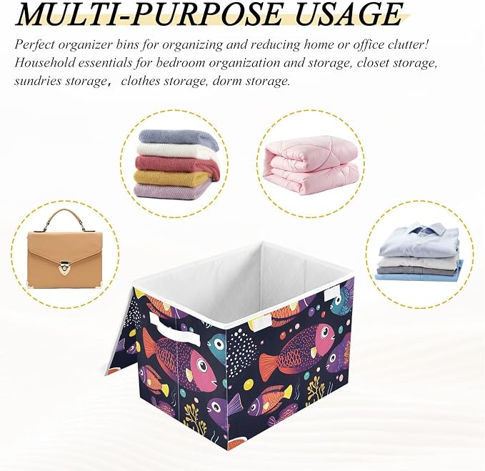 Fish Ocean Storage Bins with Lids Closet Bedroom 40L Storage Basket | Decorative Storage Boxes, Foldable & Stackable, Dust-Proof Flip Top, Reinforced Handles, For Home & Dorm, Clothes & Toy Box