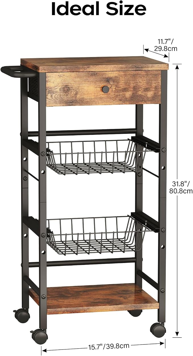 Kitchen Organizer and Storage Cart with Fabric Drawer and Convenient Handle, Snack Organizer Cart with 2 Pull-Out Baskets and 2 Storage Shelves, Rolling Kitchen Cart for Fruit Potato Onion Vegetable