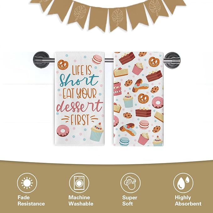 Life is Short Eat Your Dessert First Kitchen Dish Towels Set of 2, Sweet Cupcake Donut Cookie Macaron Drying Hand Towel Baking Cooking Cloth, Colorful Polka Dots Home Decor 18'' x 26''