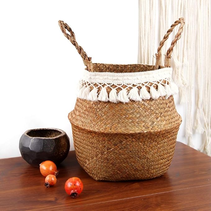 Boho Woven Seagrass Belly Basket for Storage Plant Basket or Toy Basket Living Bathroom (Large, Beige)