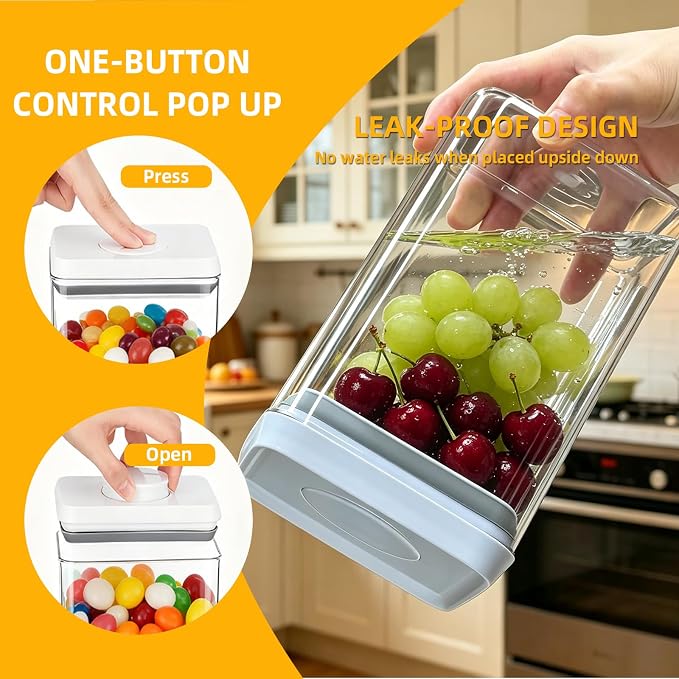 Pop Push Button Airtight Food Storage Containers 3 Pack (1.8Qt) | BPA-Free Stackable Rectangular Canisters for Coffee Beans, Snacks, Cereal, Grains, Dry Food