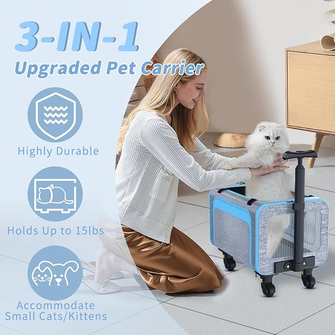 Airline Pet Carrier with Wheels, 18x11x11 for Cats & Toy Dogs | Soft-sided nylon under-seat bag, removable wheels, expandable mesh, cats & toy-breed dogs, measure pet before buying