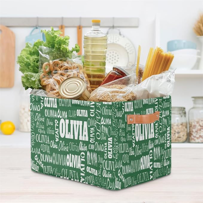Custom Name Storage Basket for Bedroom, Bathroom, Deep Green Color | Organizing Boys Girls Pets Toys Closet Shelf Clothes Books