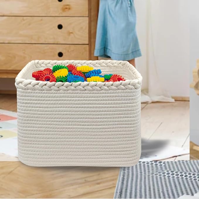 COMFY-HOMI Cotton Rope Woven Basket with Handles for Shelves,Toys,Book, Cloth Storage Baskets Bin for Organizing- 1 PCSToy Decorative Organizer for Living Room, Bathroom