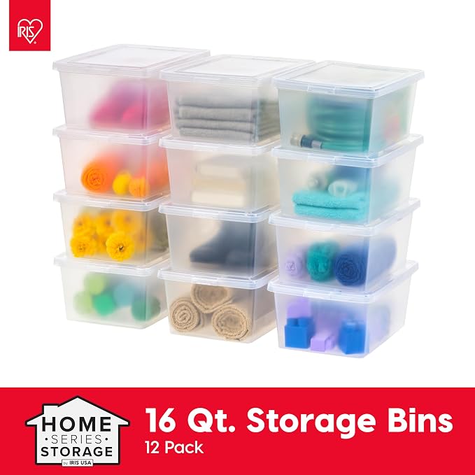 IRIS USA 12-Pack 17 Qt Storage Bins with Lids, Clear, Stackable | Ideal for shoes, crafts, office supplies and pantry items, nestable design, transparent design makes contents easy to find