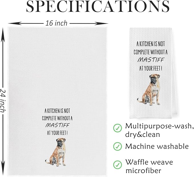 Funny Mastiff Kitchen Towels - English Mastiff Gifts Waffle Weave Dish Towels, Gifts for Dog Lovers Decorative Hand Tea Towel, 16x24 Inch