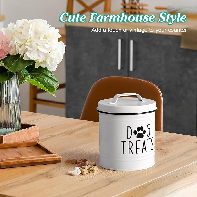 OUTNILI Large Dog Treat Container Airtight - 6.6" Tall X 6" Round White Dog Treat Jar for Kitchen Counter - Rustic Treat Storage Canister for Dogs, Cats, Small Animals - Gifts for Pet Owners