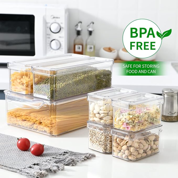 Pure Future 10-Pack Clear Fridge Organizer Containers with Lids, Stackable BPA-Free Refrigerator & Produce Storage Containers with Drain Tray & Anti-Slip Base for Fruits, Veggies & Drinks