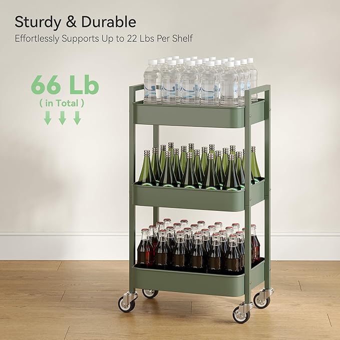 Nunsino 3 Tier Rolling Cart,Utility Cart with Locking Wheels, Hanging Cups,&Hooks, Heavy Duty Metal Storage Organizer Cart for Kitchen,Office, Bathroom,Craft Room,Green