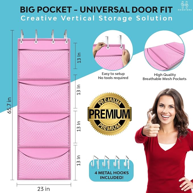 Honeyera Storage for Stuffed Animals - Over Door Organizer for Stuffies, Baby Accessories, and Toy Plush/Easy Installation with Breathable Hanging Storage Pockets Big Girls Chair Toddler Large Bag