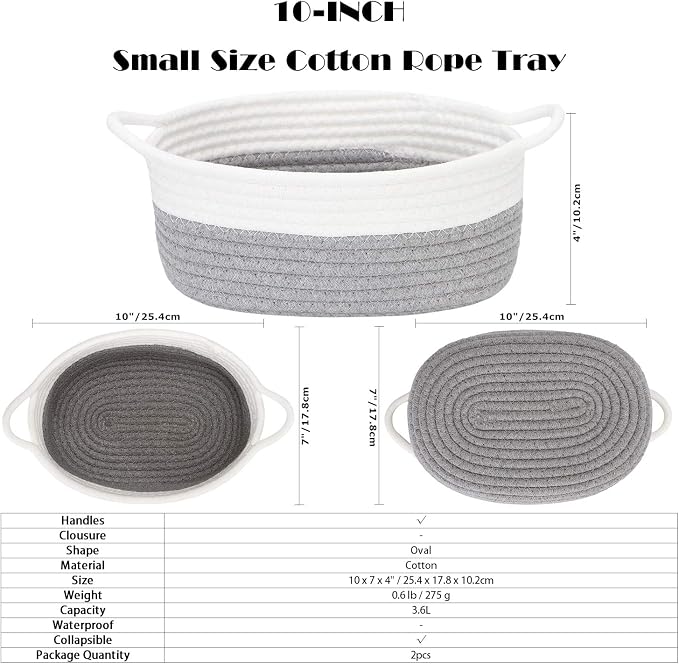 Sea Team 2-Pack Compact Woven Cotton Rope Storage Baskets, Gray | Knitted Decorative Organizer Bins with Handles, Portable Oval Containers for Small Items, Keys, Makeup, Jewelry, Trinkets