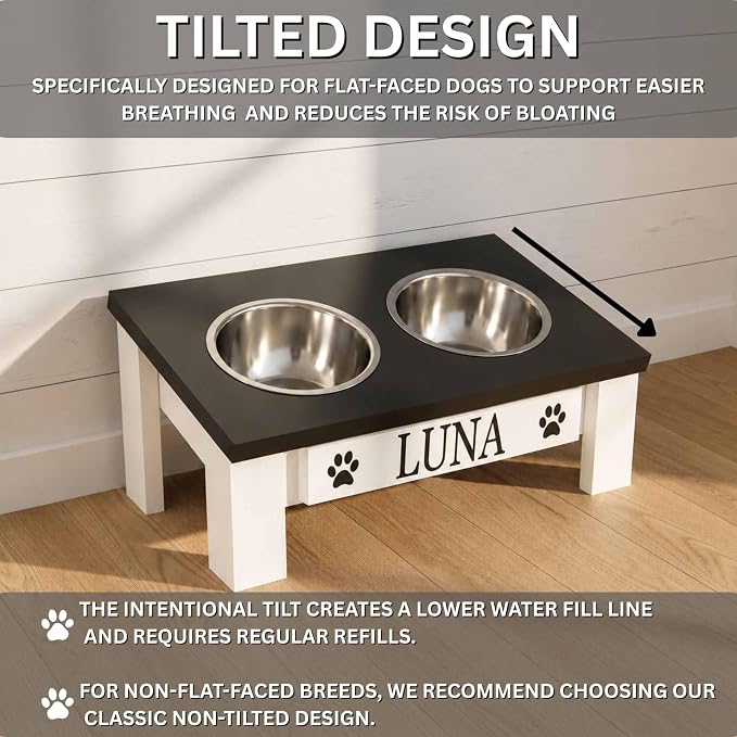 Tilted Dog Bowl - Personalized Custom Elevated Feeder for Short-Nose Dogs | Farmhouse Style, Stainless Steel Dishwasher Safe Bowls, Anti-Slip, Raised Angled, Flat-Face Dogs, Made in USA
