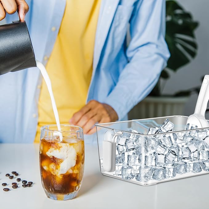 Havawish Ice Storage Bin and Flexible Scoop Set Plastic Freezer Bin | Freezer Ice Bin Scoop, Clear Bucket Container, Pull Handle, Flexible Storage, 10.83 X 7 X 4.33 in