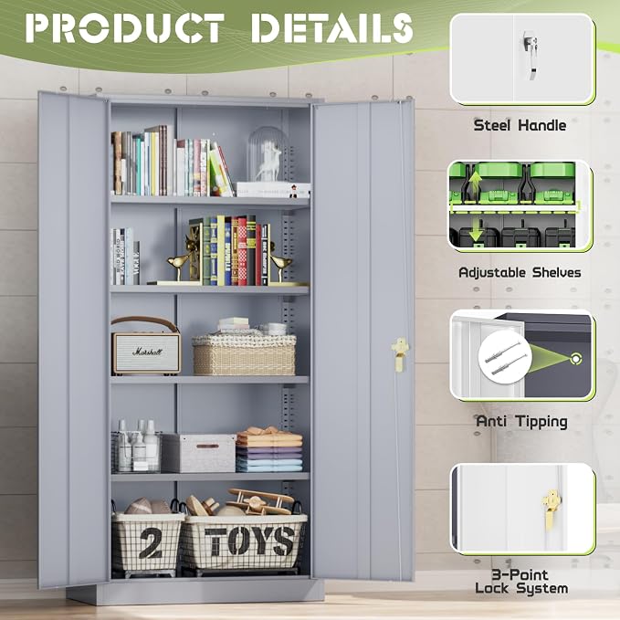 Crownland 72" Metal Storage Cabinet, Lockable Garage Storage Cabinets, High Office Cabinet with Adjustable Shelves for Garage, Home Office, Pantry, File(Cement Grey)