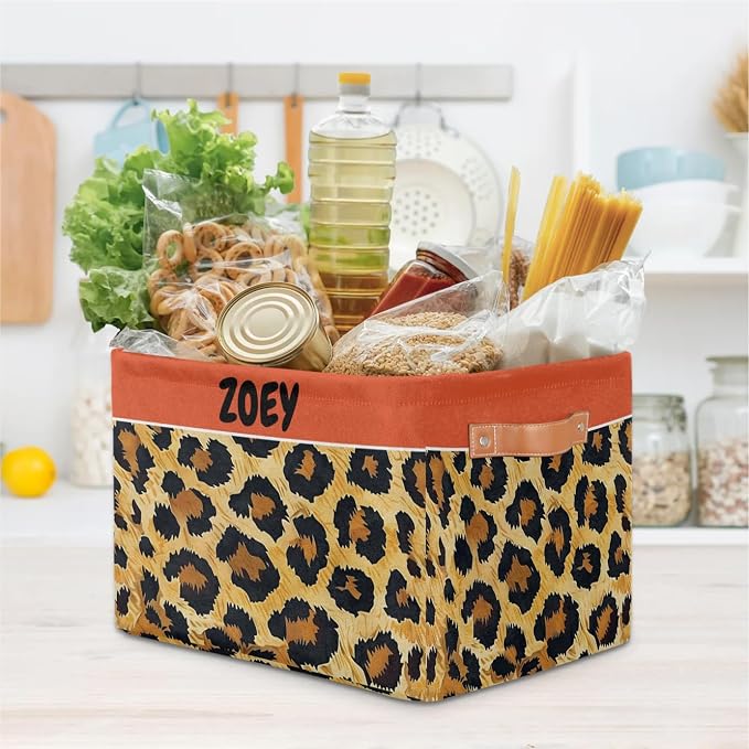Personalized Storage Bins for Boys, Customized Name Leopard Print Storage Basket Rectangle Clothes Organizer for Organizing Kids and Pets Toys Shelf Closet