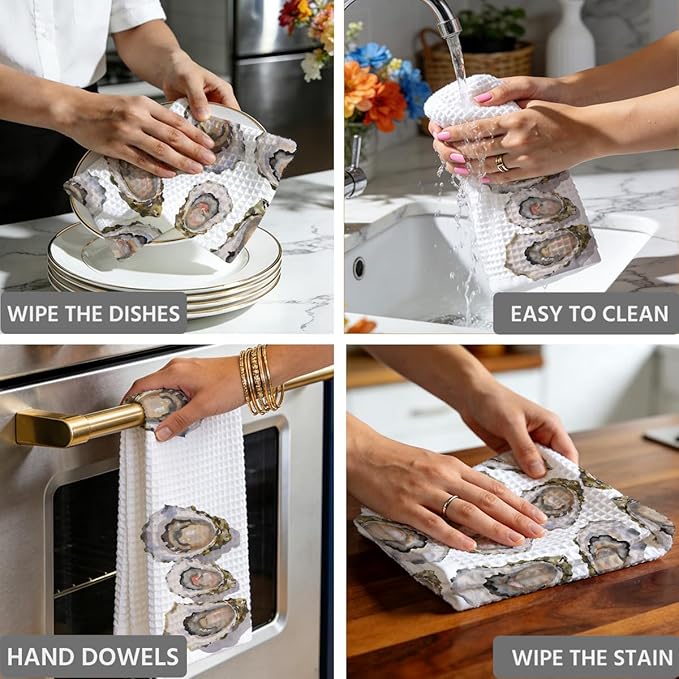 2PCS Vintage Oyster Kitchen Towels 14x24 Inch, Absorbent Microfiber Decorative Dish Cloth Tea Towel, Oyster Waffle Hand Towels for Farmhouse Kitchen Home Bathroom, Housewarming Gifts for Women Frend