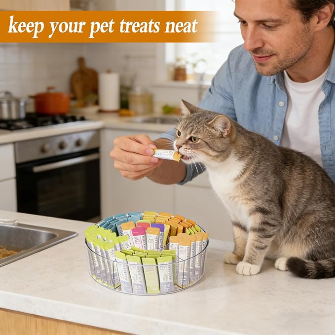 Rotating Lickable Cat Treats Organizer with 6 Compartments, Clear Lazy Susan Acrylic Squeeze Up Cat Food Storage Container Divided Pet Treats Box for Kitchen Cabinet Pantry Shelf Countertop