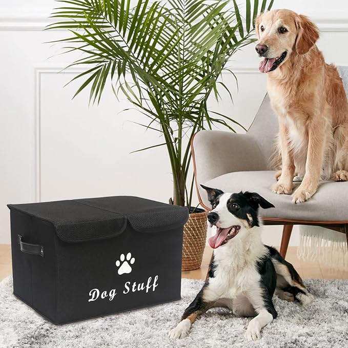 Large Storage Boxes - Large Linen Fabric Foldable Storage Cubes Bin Box Containers with Lid and Handles for Dog Apparel & Accessories, Dog Toys(Black)