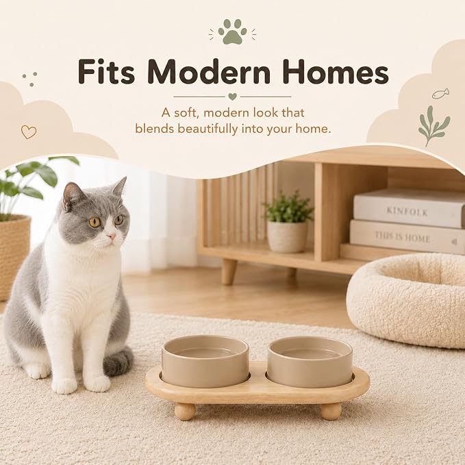 Havniva Raised Cat Bowl 5.1” Elevated Ceramic Cat Food and Water Bowl Set | Cat Bowls Elevated, Whisker Friendly Cat Bowl, Non-Slip Wood Stand, Food-Grade Ceramic, Wide Opening, Dishwasher Safe