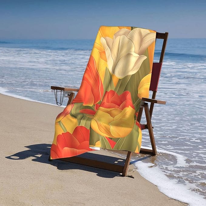 Tulip Beach Towel 31inx51in, Colorful Floral Sand-Free Microfiber Bath Towel Ultra Soft Quick Dry Pool Towel Absorbent Towel Lightweight Towel for Swimming Bathroom Decor